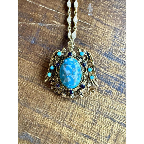 Vintage Florenza Faux Turquoise Cabochon Rhinestone Gold Tone Brooch necklace - Picture 4 of 8